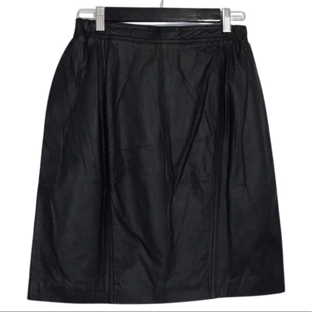 Vintage 90s Brandon Thomas Petite Black Leather High Waist Moto Biker Mini Skirt